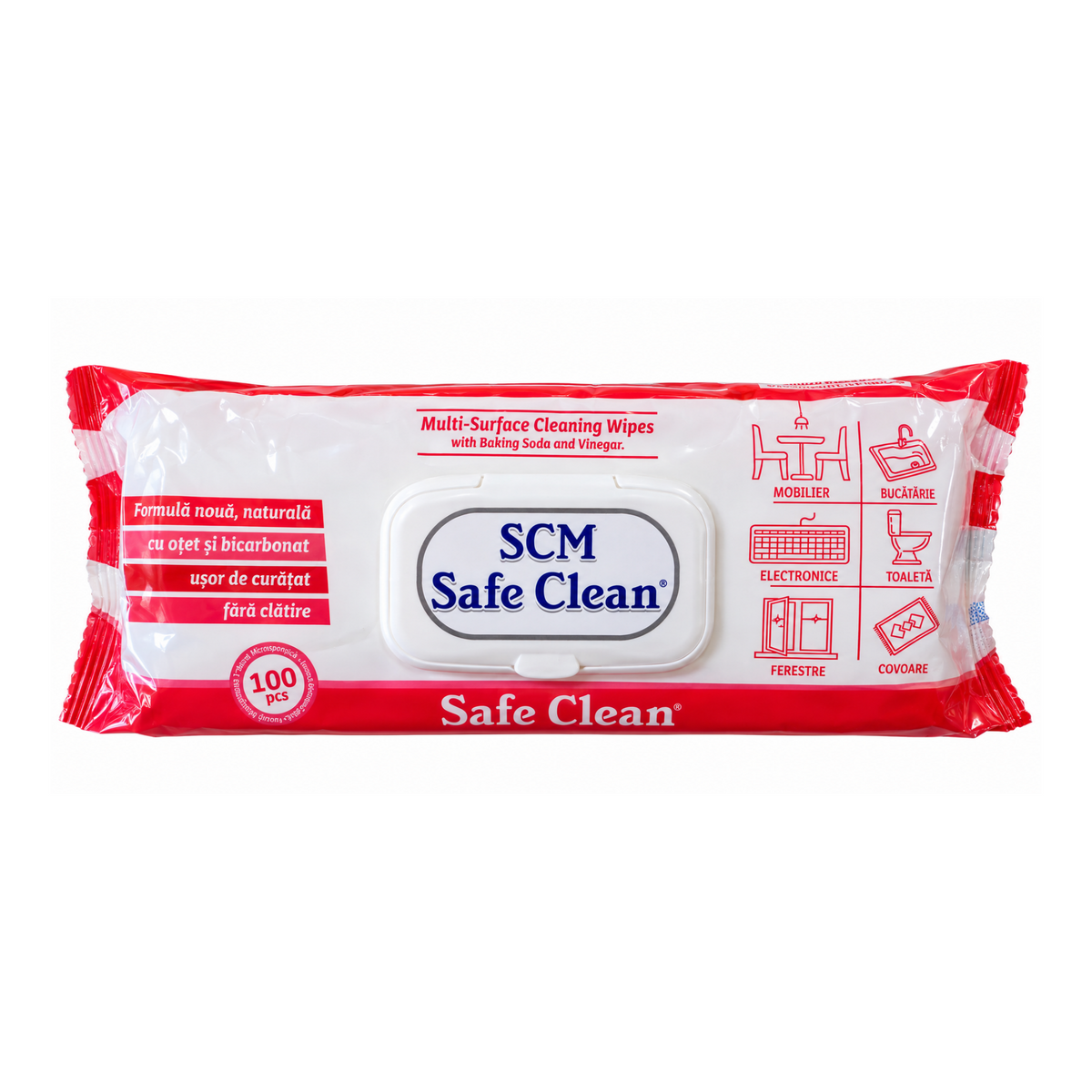 SAFE CLEAN ȘERVEȚELE UMEDE MULTI-SUPRAFEȚE CU BICARBONAT ȘI OȚET – 100 BUC.